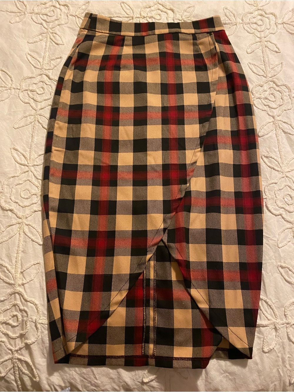 Collectif Beige, Black and Red Plaid Tulip Midi Skirt